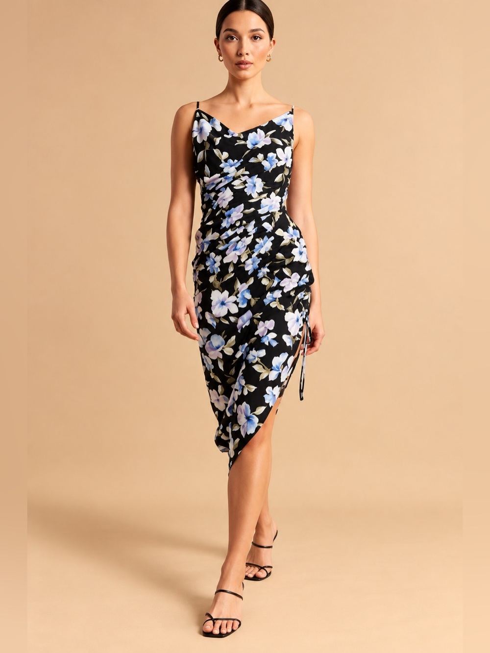 Abercrombie & Fitch Black Blue Floral Cowl Neck Ruched Midi Dress M